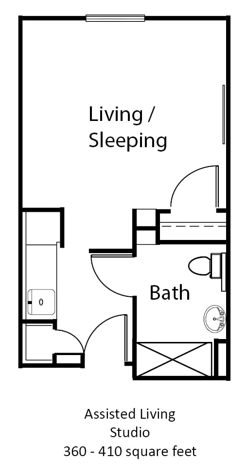 A floor plan of a studio apartment including a living/sleeping area, kitchen, and bathroom.