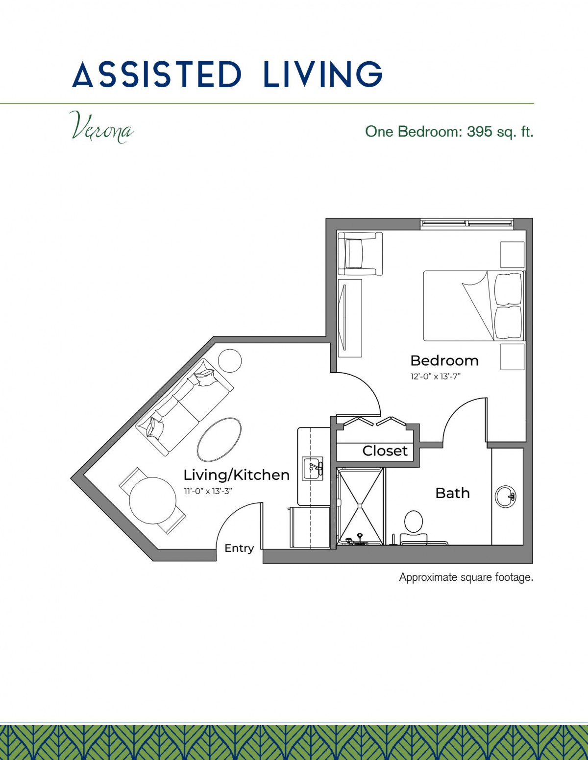 Floor plan of a one-bedroom apartment with living/kitchen area, bathroom, and bedroom.