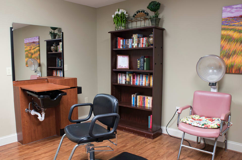 A hair salon with a bookshelf and chairs, featuring plants and a mirror.