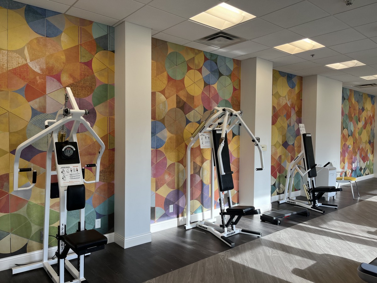 A brightly decorated gym with various exercise machines lined up against a colorful wall.