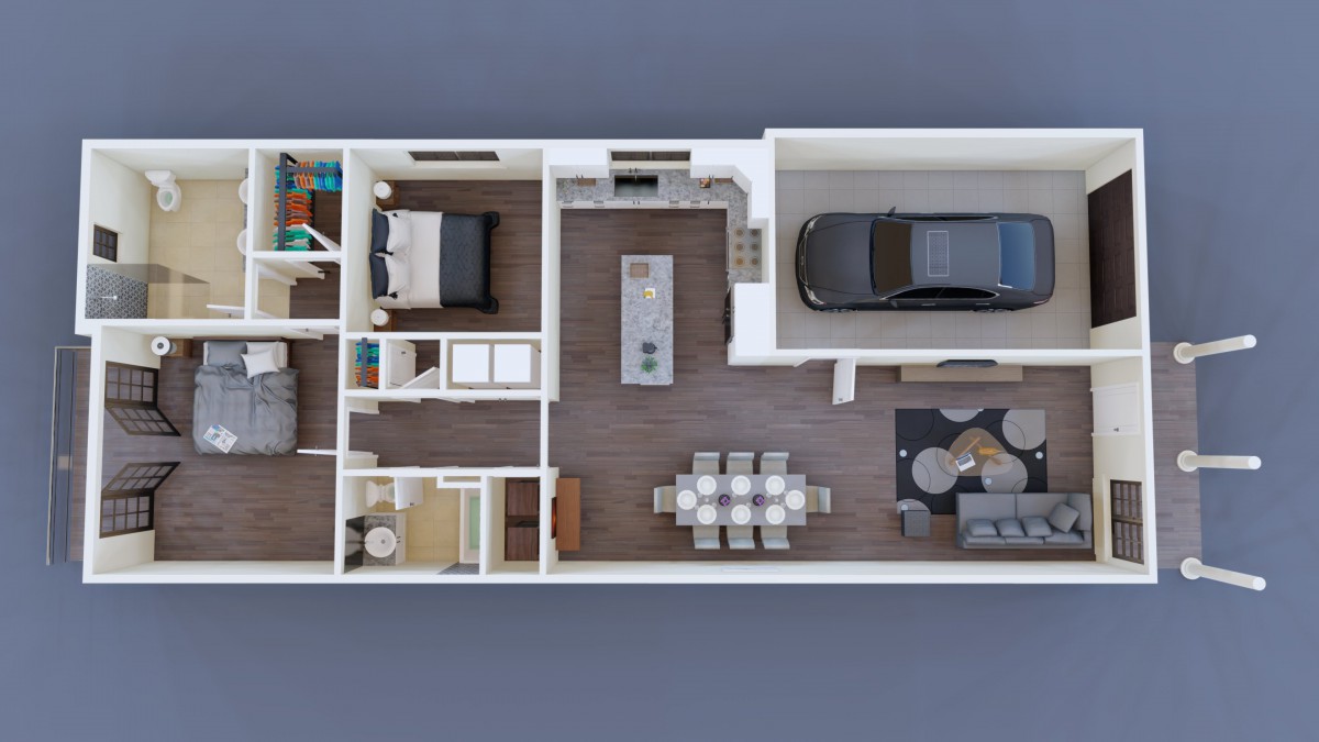 3D floor plan of a modern single-story home with a garage.