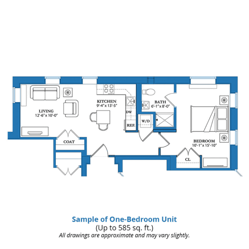 Sample floor plan of a one-bedroom apartment unit with an approximate area of up to 525 sq. ft.