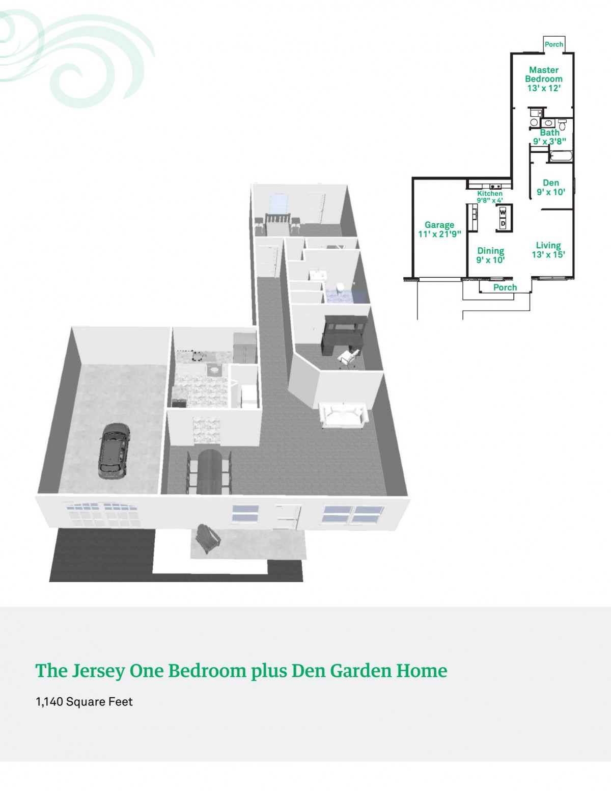 3D floor plan and blueprint of a three-bedroom house.
