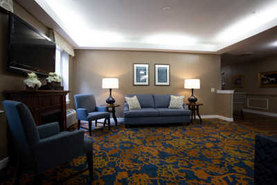 A cozy living room with a sofa, lamps, and patterned carpet.