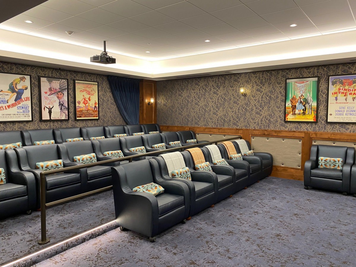 A luxurious home theater with comfortable seating and classic movie posters.