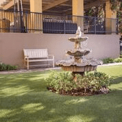A serene garden scene featuring a tiered fountain surrounded by greenery and a wooden bench.