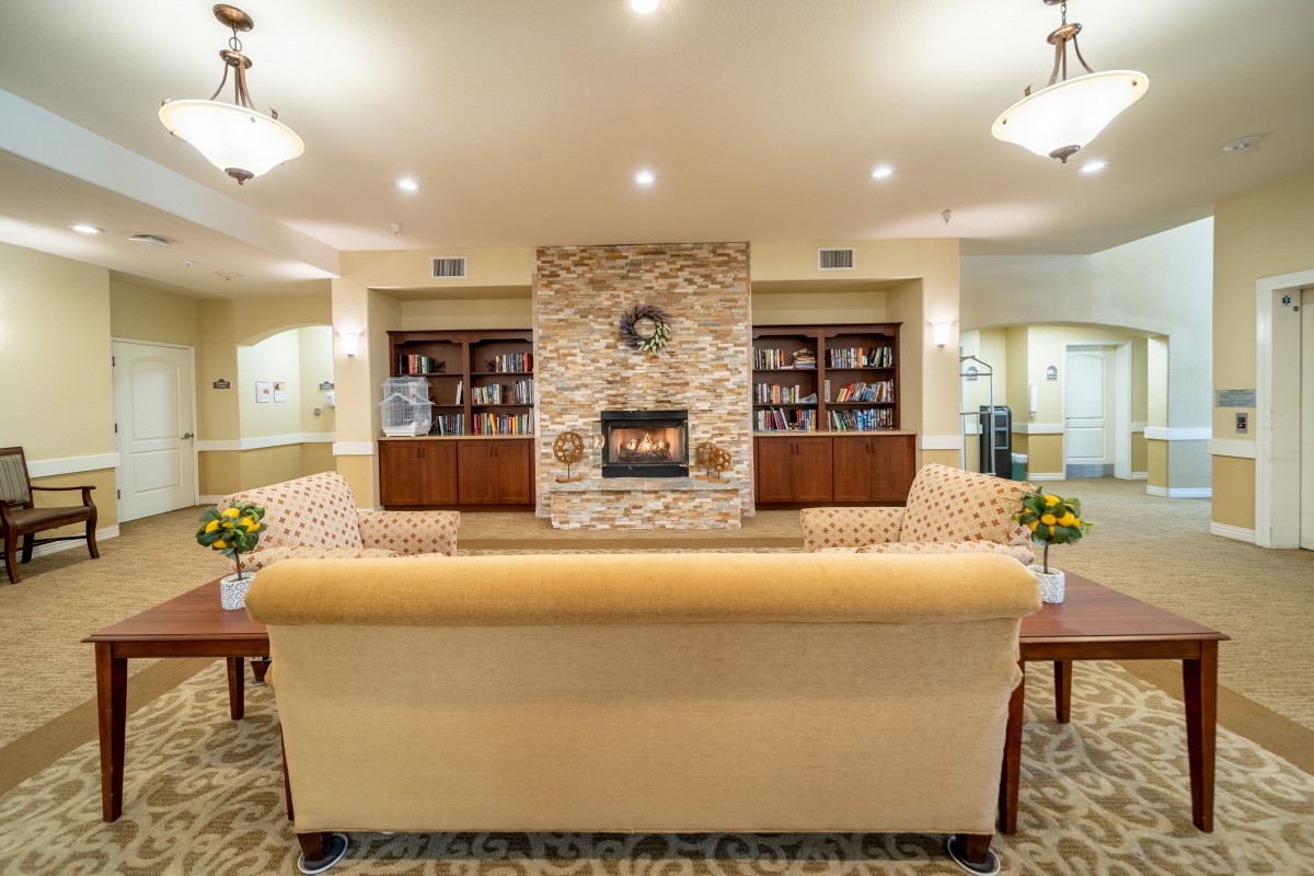 A cozy living room with a central fireplace, surrounded by bookshelves and comfortable seating.