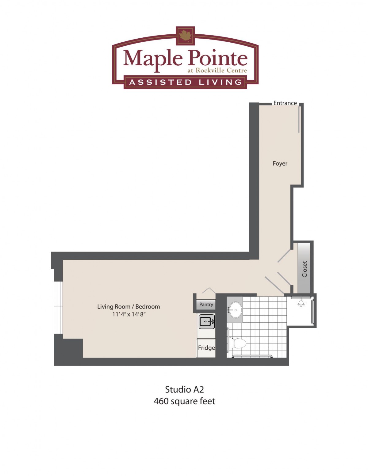 Floor plan of a studio apartment in an assisted living facility.