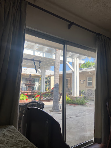 A view of the outdoor patio from behind a sliding glass door, showcasing sunlight and greenery.