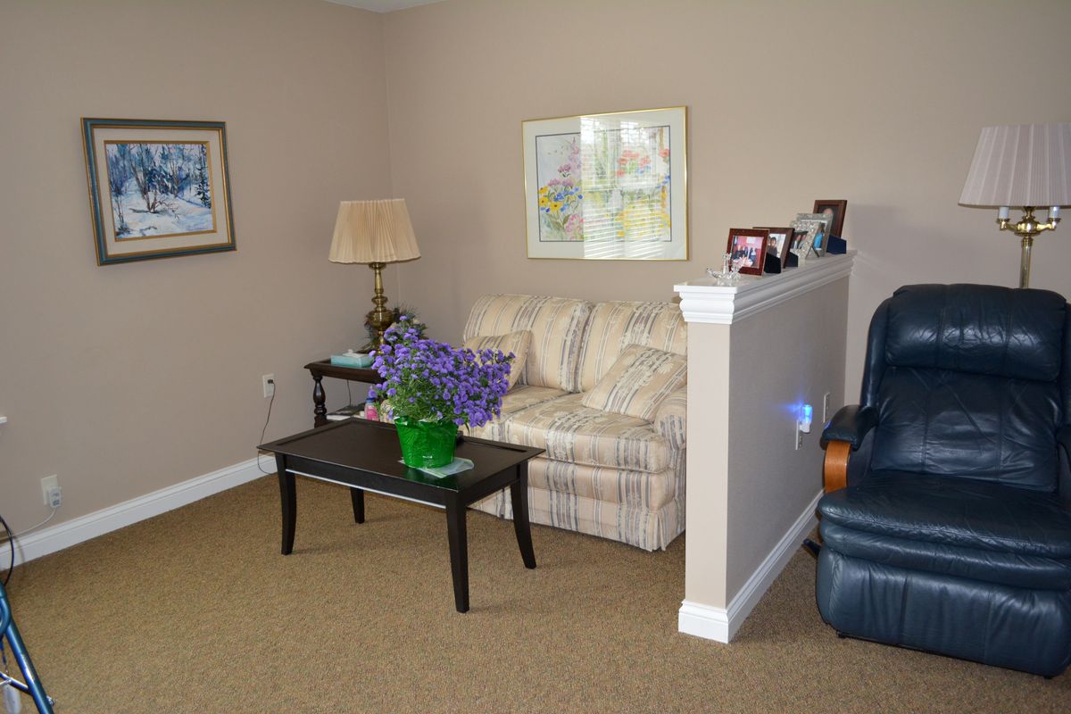 A cozy living room with a sofa, coffee table, and decorative elements.