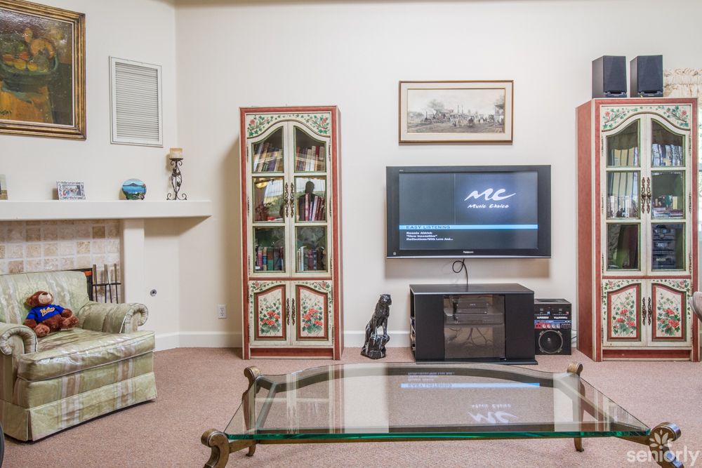 A cozy living room setup featuring a television, glass coffee table, and decorated cabinet.