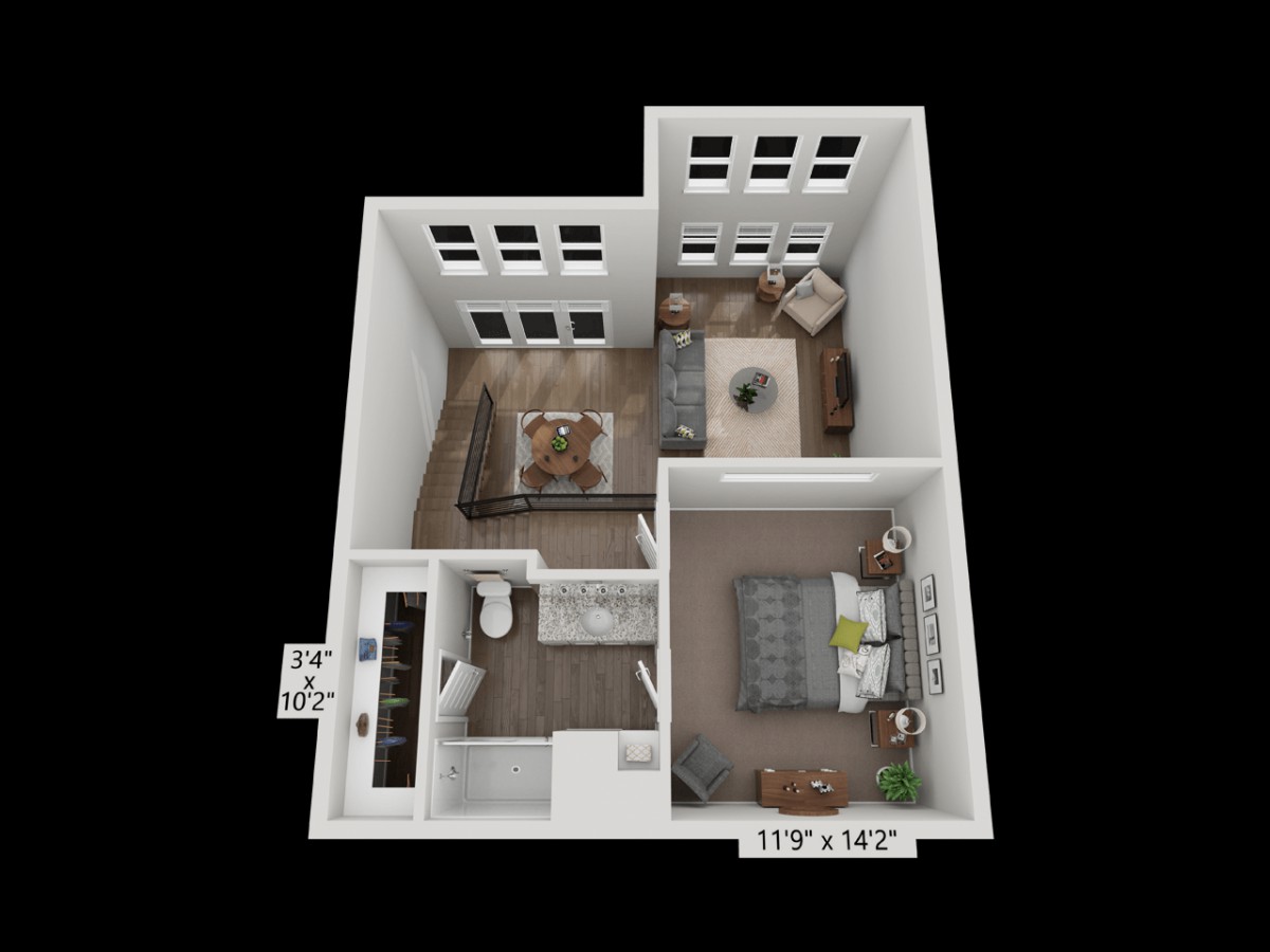 A 3D rendered floor plan of a one-bedroom apartment.