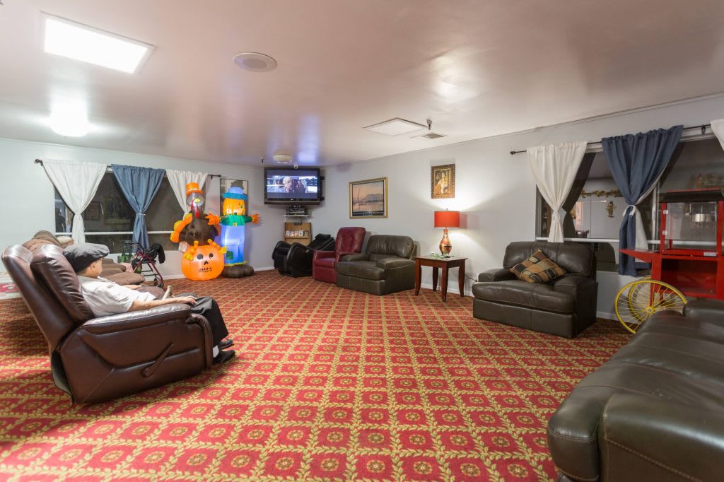 A cozy living room with sofas, a patterned carpet, and a television.