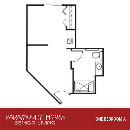 This is a floor plan for a one-bedroom apartment in Paramount House Senior Living.