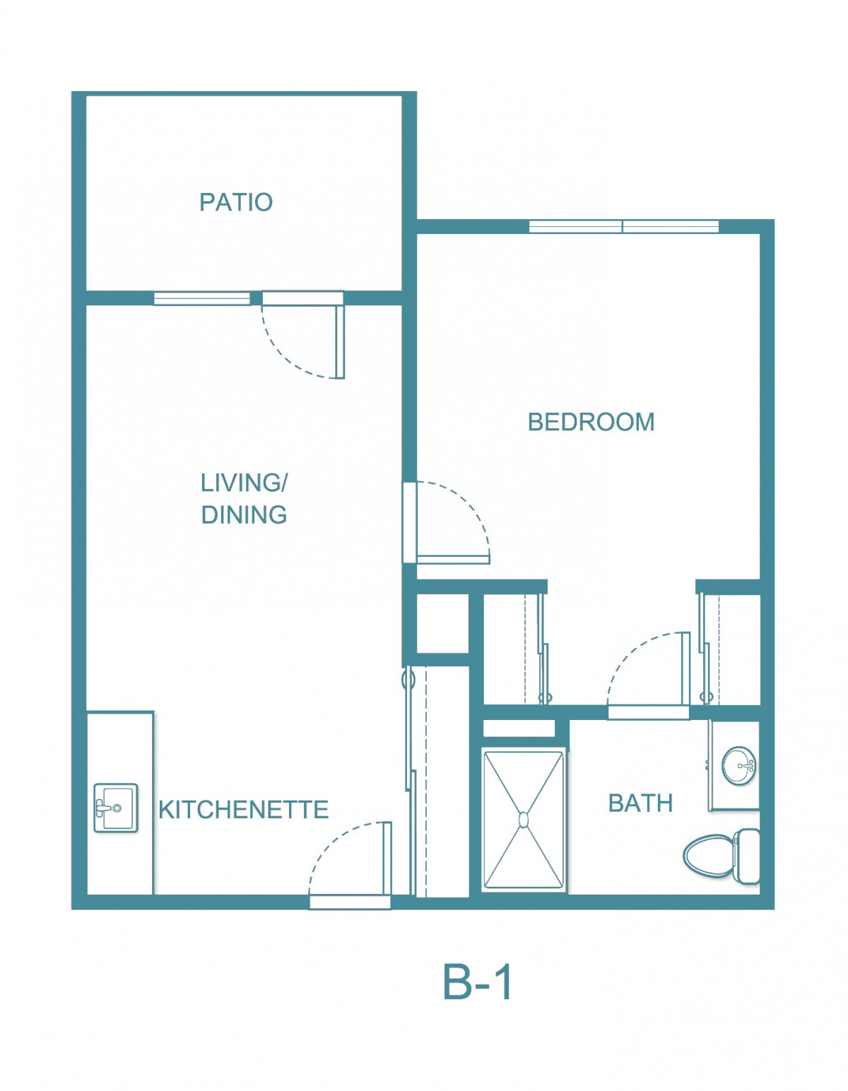 A simple floor plan of a one-bedroom apartment featuring a living/dining area, kitchenette, bathroom, and patio.
