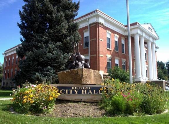 A view of a city hall building with a statue and landscaped garden.