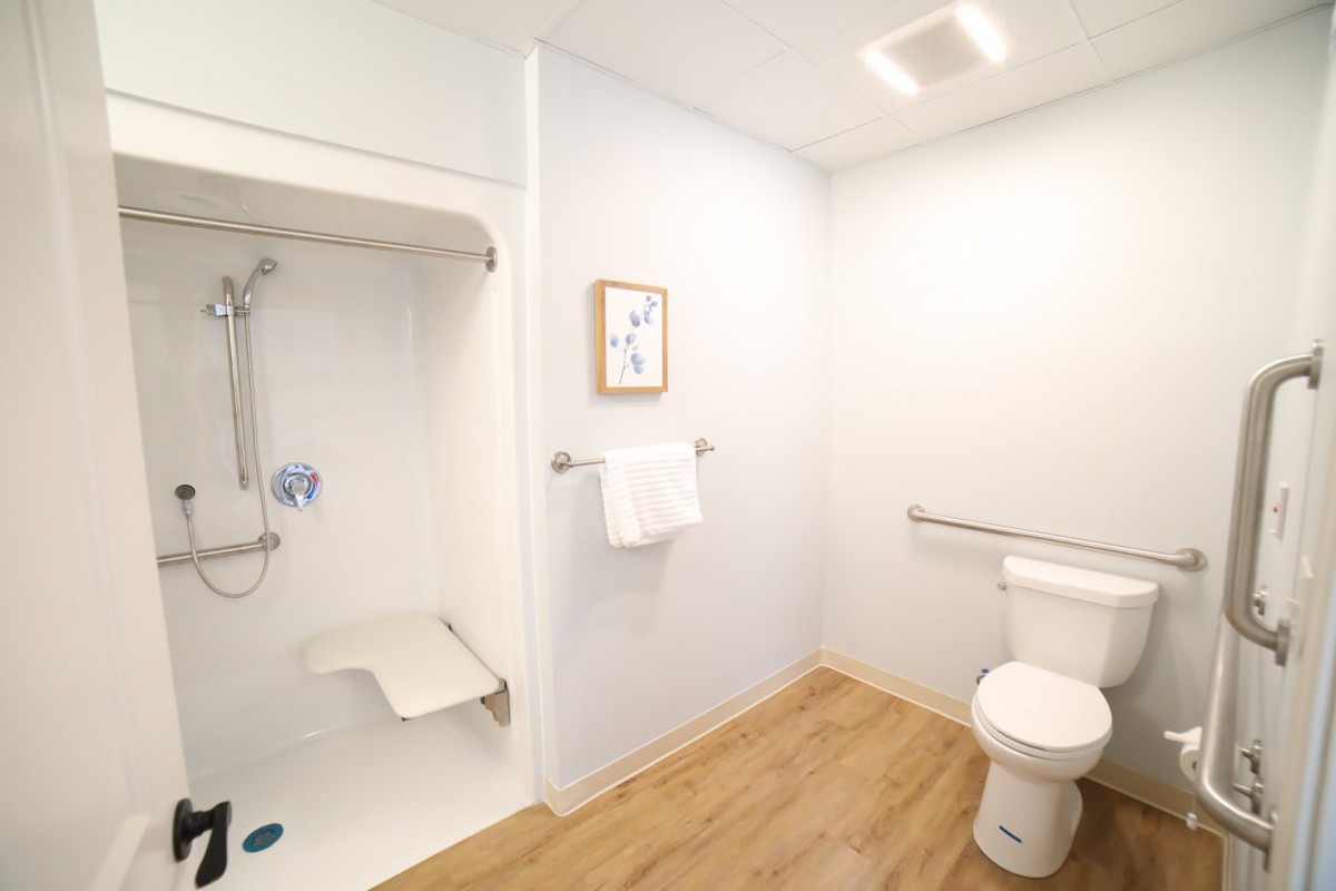 An accessible bathroom with a walk-in shower and grab bars.