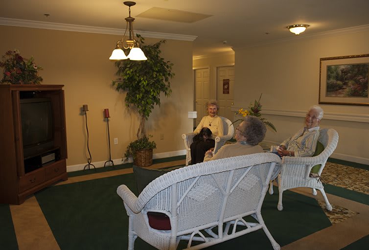 A cozy living room with wicker furniture and indoor plants, where people are relaxing.