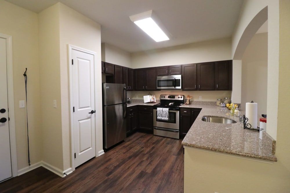 A modern kitchen with dark cabinets, stainless steel appliances, and wood flooring.