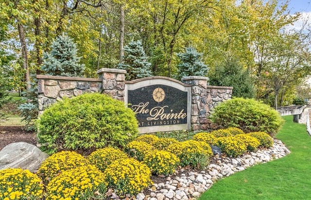 A landscaped entrance with a stone wall and sign reading 'The Pointe' surrounded by shrubs and flowers.