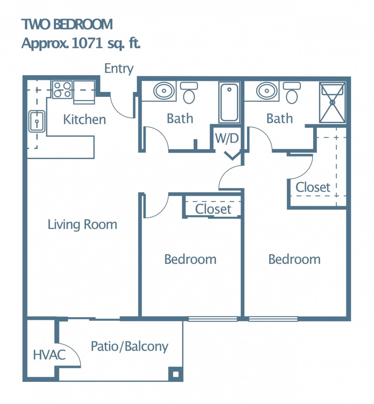 Two-bedroom apartment layout with kitchen, living room, two bathrooms, and balcony.