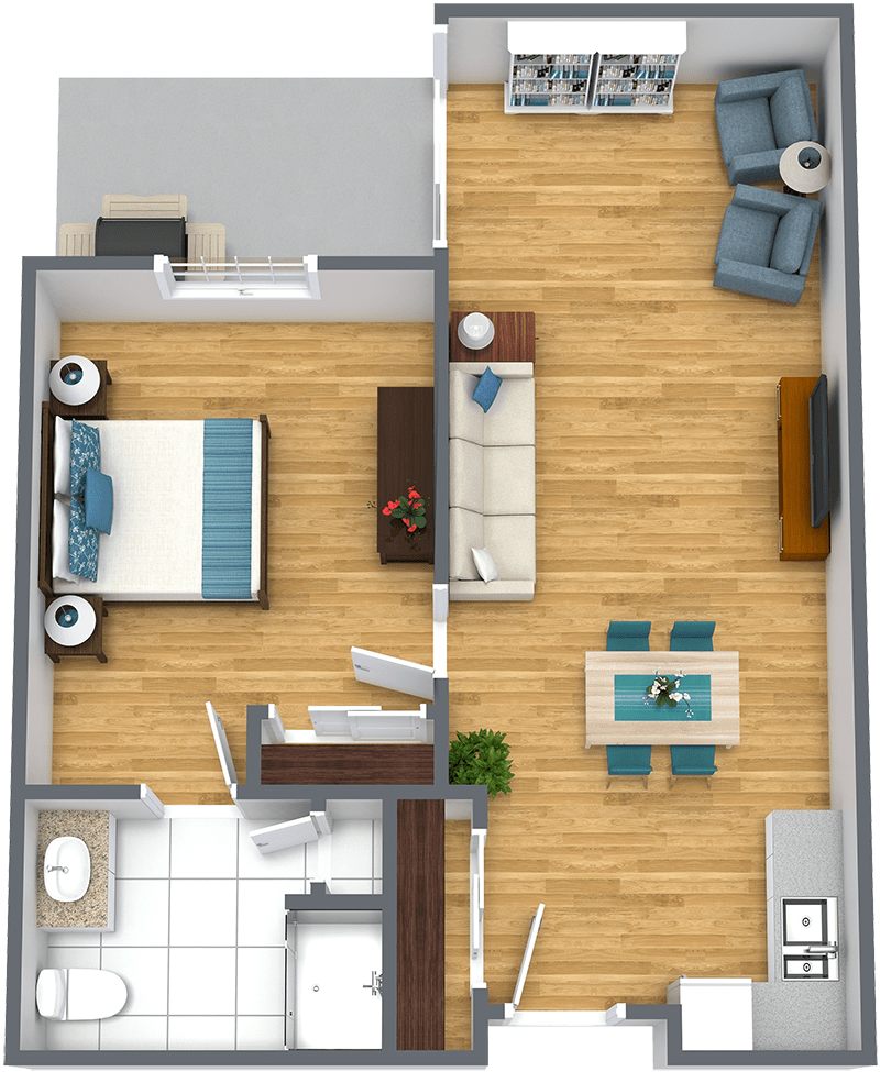 A spacious one-bedroom apartment layout with a living room, dining area, kitchen, and bathroom.
