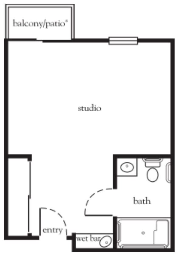 A floor plan of a studio apartment with a designated bathroom area.