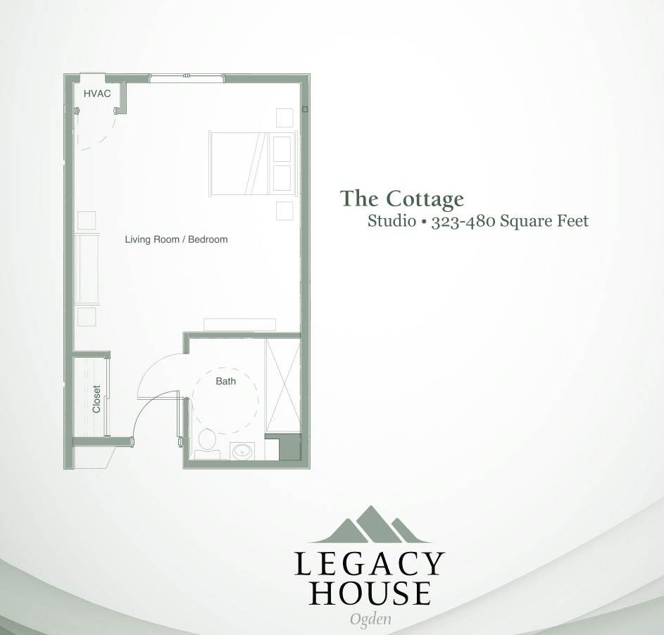 A floor plan for The Cottage, featuring a living area and bathroom layout with 325 to 365 square feet.
