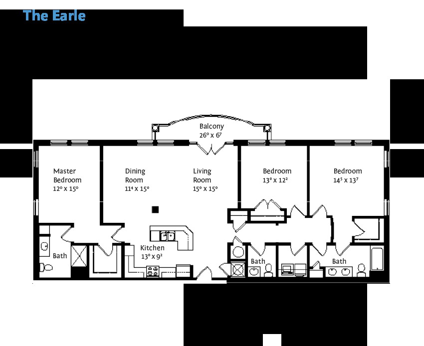 Floor plan of an apartment with two bedrooms, a dining room, and a living area.