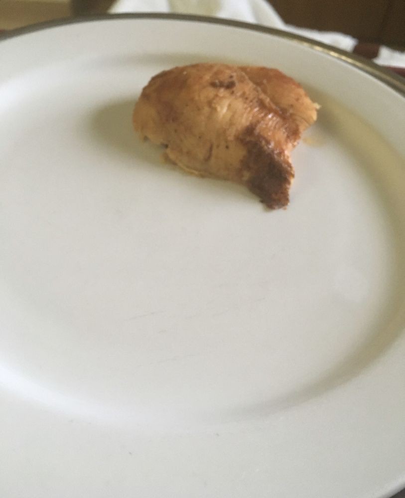 A small piece of meat on a large white plate.
