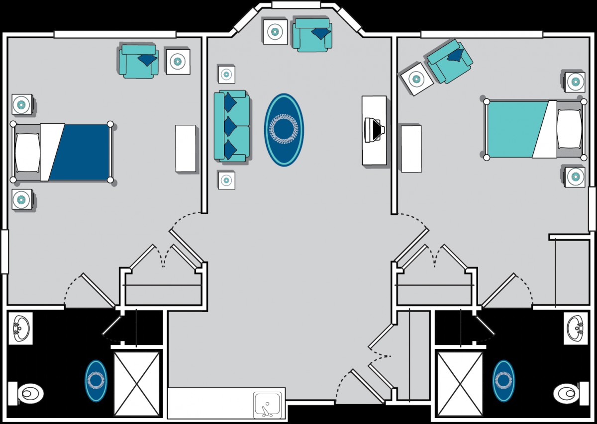 A floor plan of an apartment featuring two bedrooms, a living area, and bathrooms.