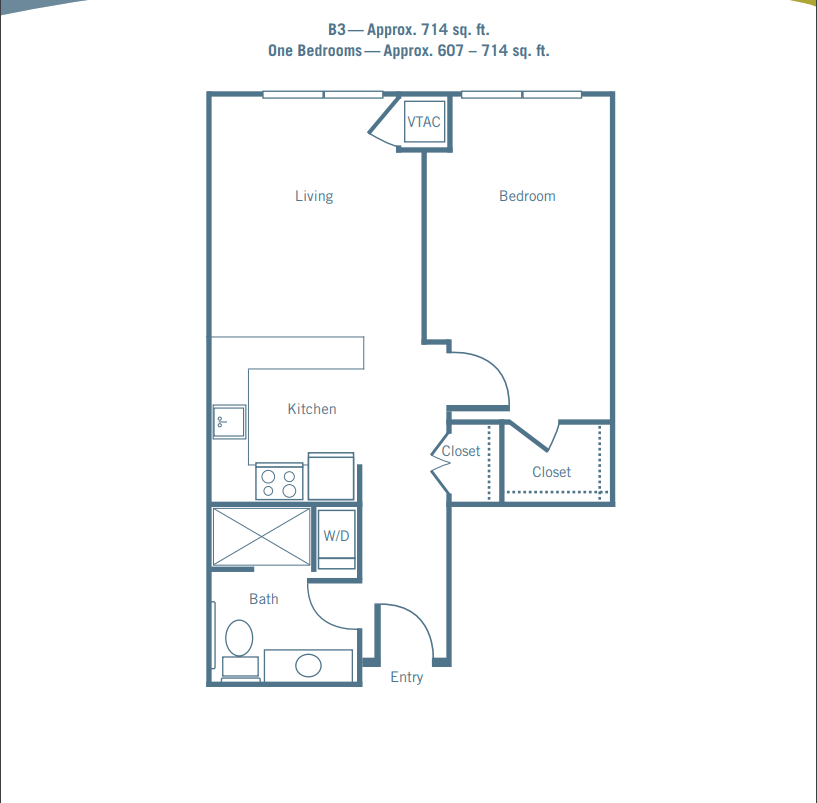 A floor plan of a one-bedroom apartment featuring a living room, kitchen, bathroom, and closet spaces.