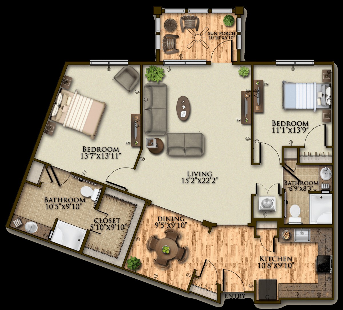 A detailed floor plan of an apartment showing the layout of rooms and furniture arrangement.