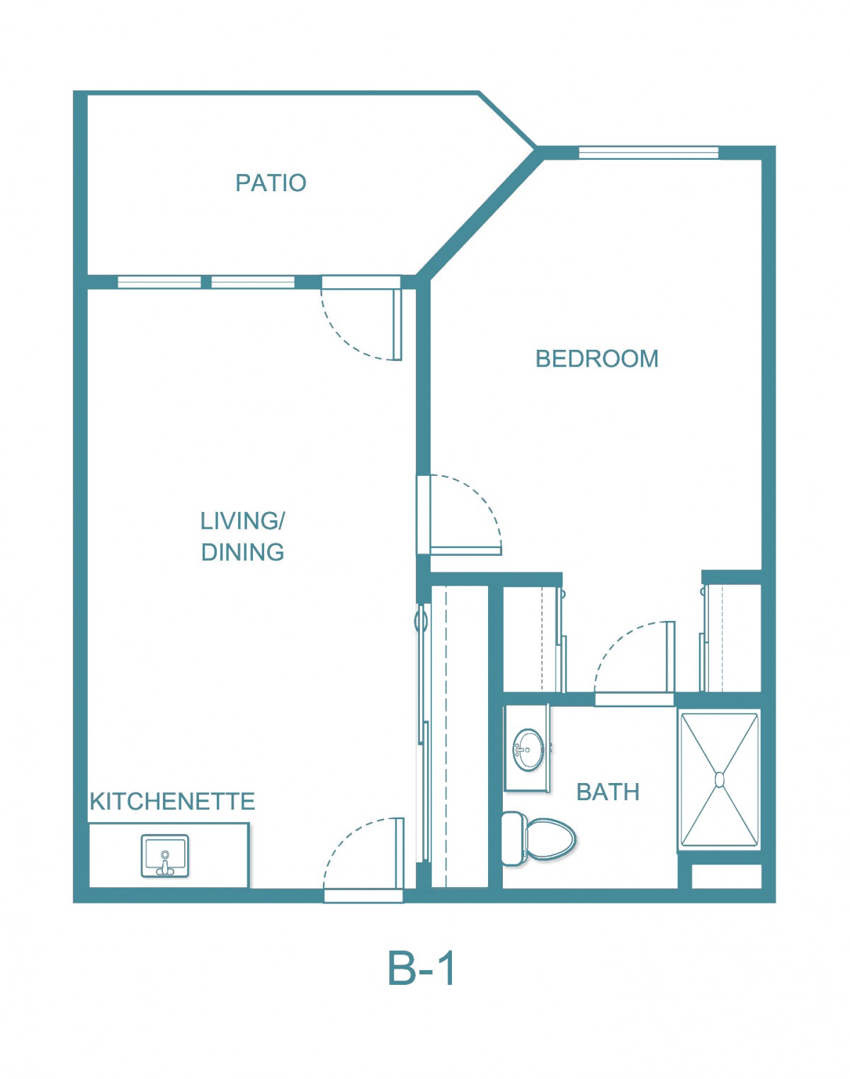 One-bedroom apartment floor plan with living/dining area, bathroom, kitchenette, and patio.