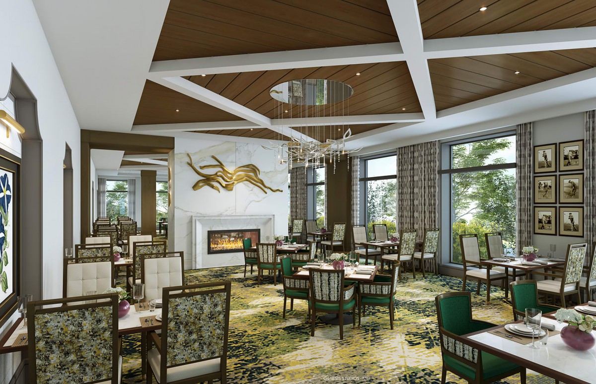 A modern and elegant restaurant dining area featuring stylish furniture and a cozy fireplace.
