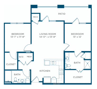 A floor plan of a two-bedroom apartment featuring a living room, kitchen, and two bathrooms.