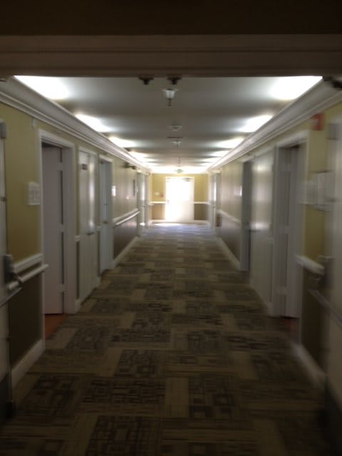A long, carpeted hallway with multiple doors leading to rooms.