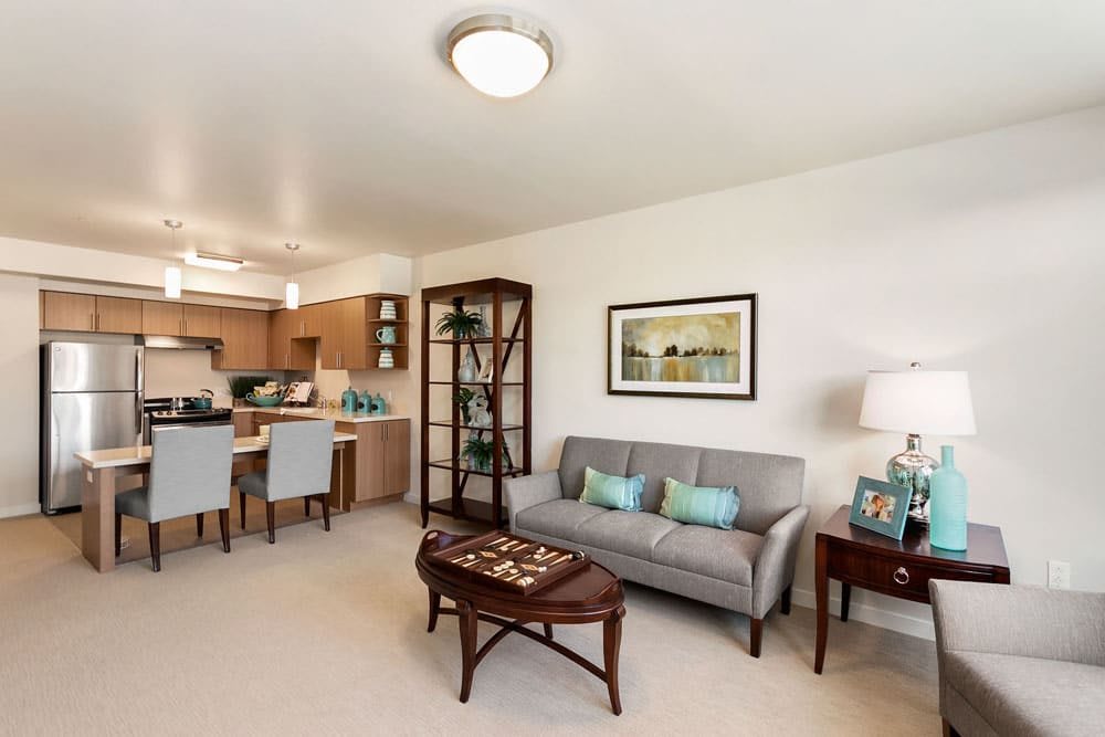 A modern living room with a gray sofa, decorative pillows, and an open floor plan leading to the dining area.