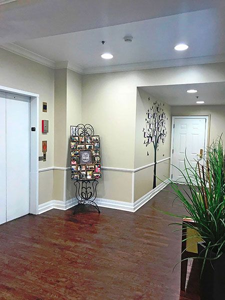 A well-lit hallway featuring an elevator, a brochure rack, and decorative plants.