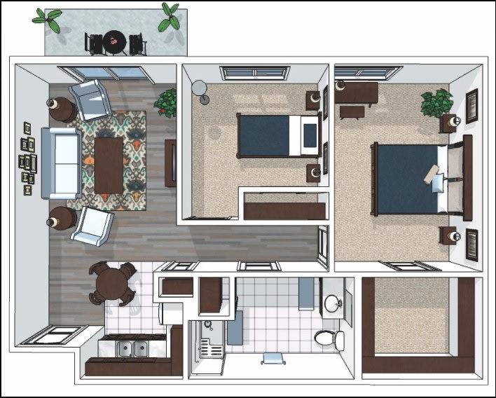 A floor plan of a two-bedroom apartment with a living room, kitchen, and bathroom.