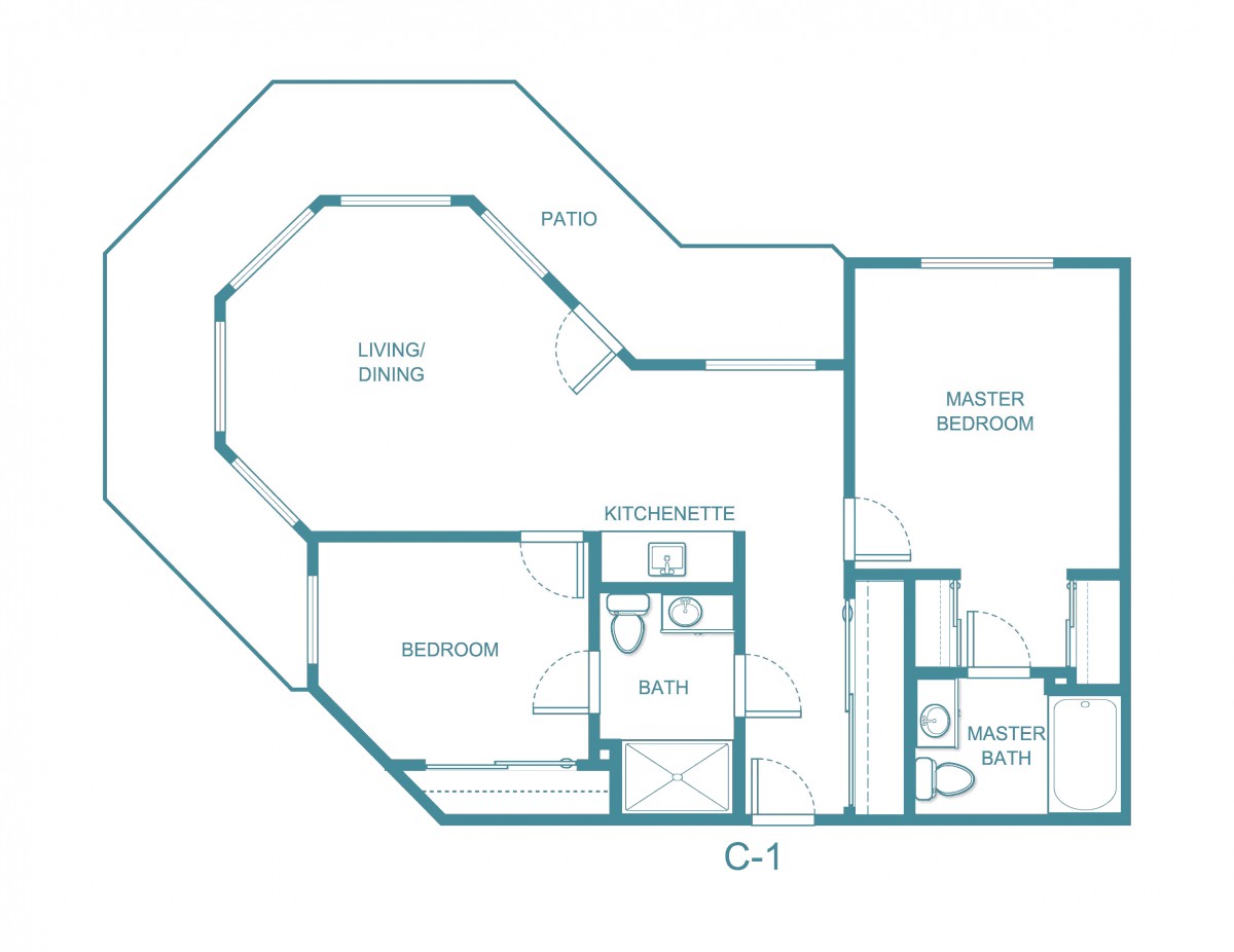 A blueprint of an apartment floor plan showing multiple rooms including a living room, bedrooms, and baths.