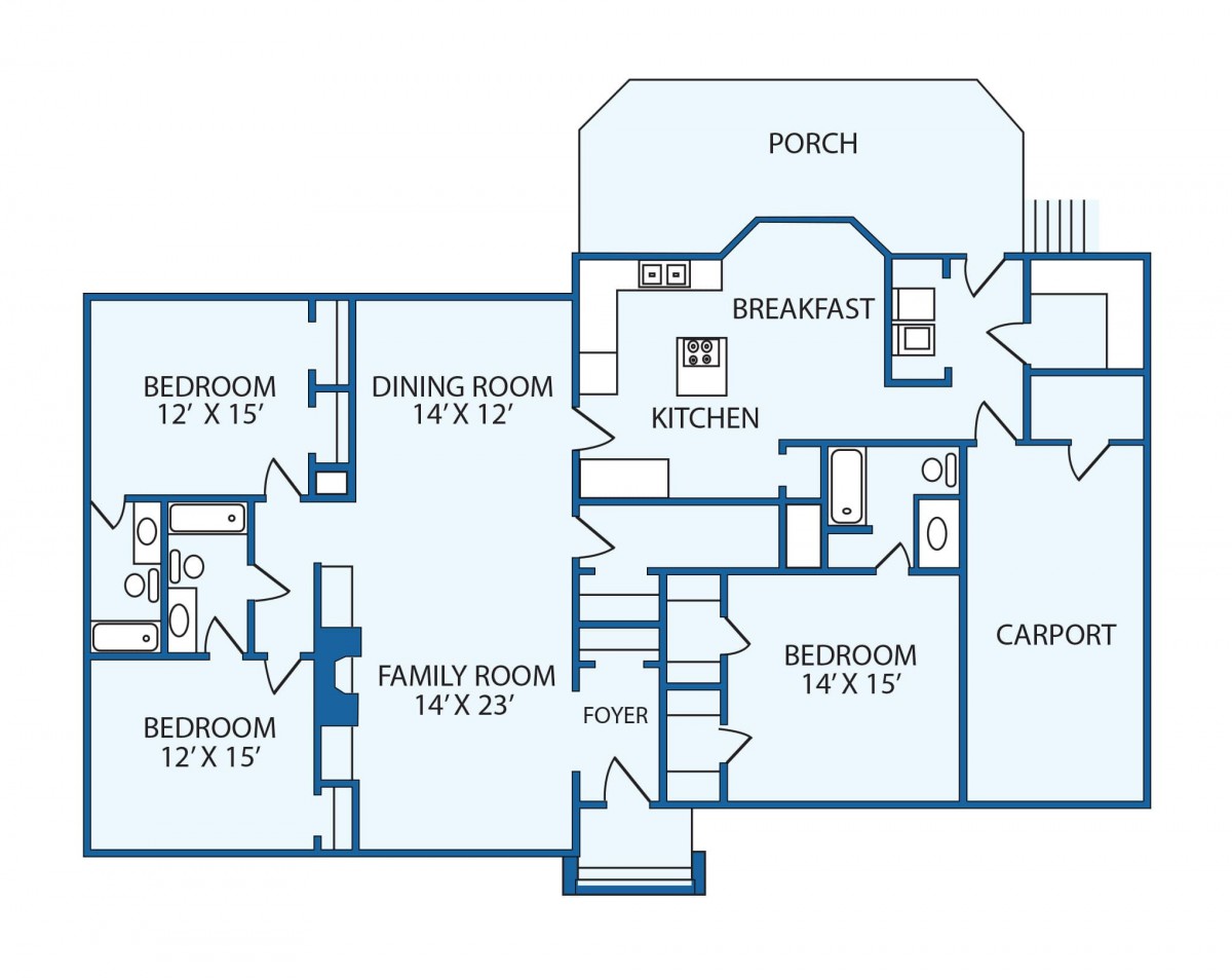 A detailed floor plan of a house showing the layout of rooms including bedrooms, bathrooms, kitchen, dining area, and family room.