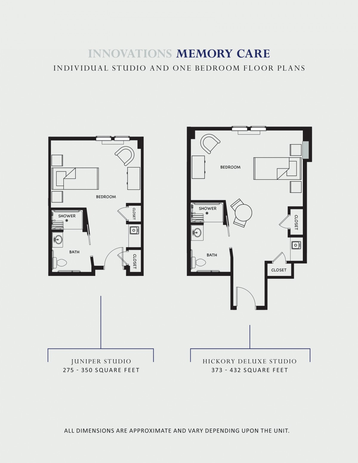 Two-story senior care floor plans showcasing one-bedroom layouts.