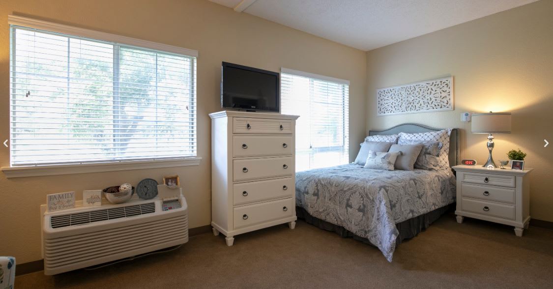 A cozy bedroom featuring a neatly made bed, a white dresser with a television on top, and two windows allowing natural light to fill the space.