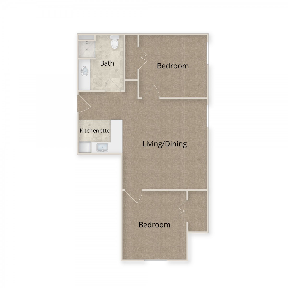 A simple floor plan showing an apartment layout with a bedroom, living/dining area, bathroom, and kitchen.