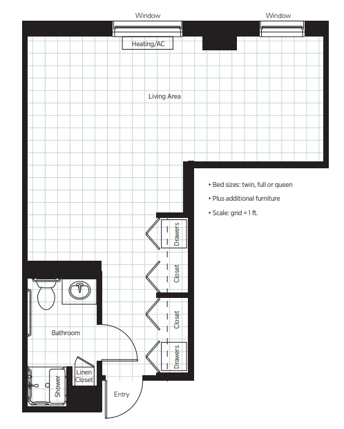 An architectural floor plan of a small apartment with living area and bathroom.