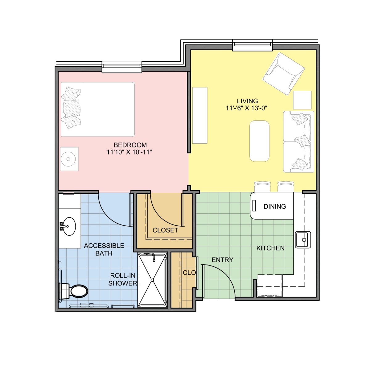 A floor plan of an apartment with designated areas for a bedroom, living room, kitchen, and bathroom.