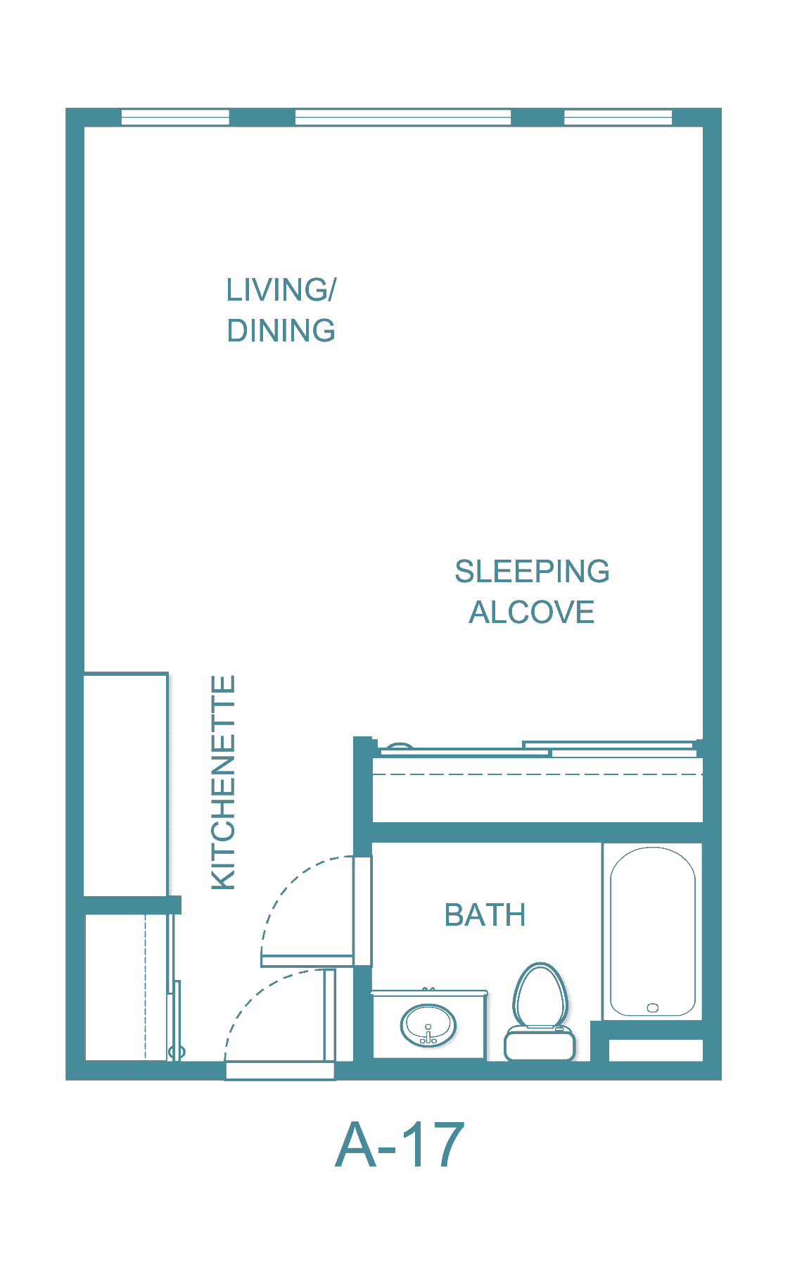 A floor plan of a studio apartment featuring a living/dining area, kitchenette, sleeping alcove, and bath.