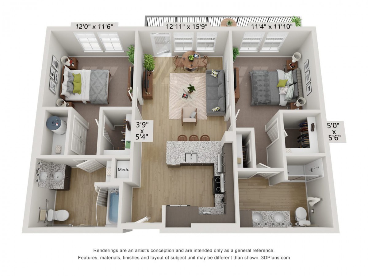 A 3D rendered floor plan of an apartment showcasing two bedrooms, a kitchen, living area, and bathrooms.