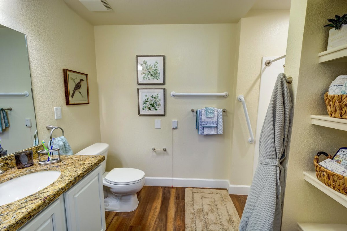 A well-appointed bathroom featuring framed artwork, a toilet, and a towel rack.